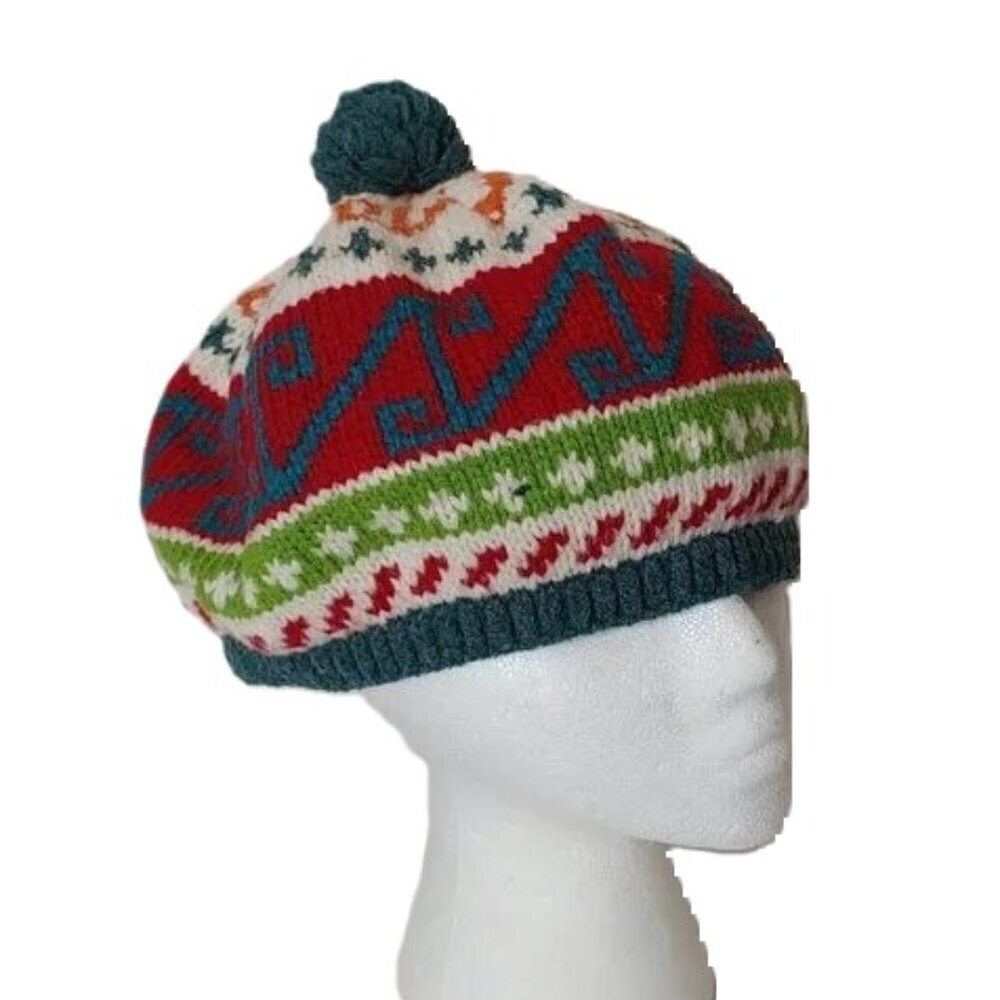 Vintage‎ Beanie Hat Geometric Hansen Knit Pom Pom Apres Ski Snow 80's